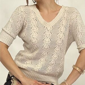 Vintage Cotton Short Sleeve V Neck Sweater Top